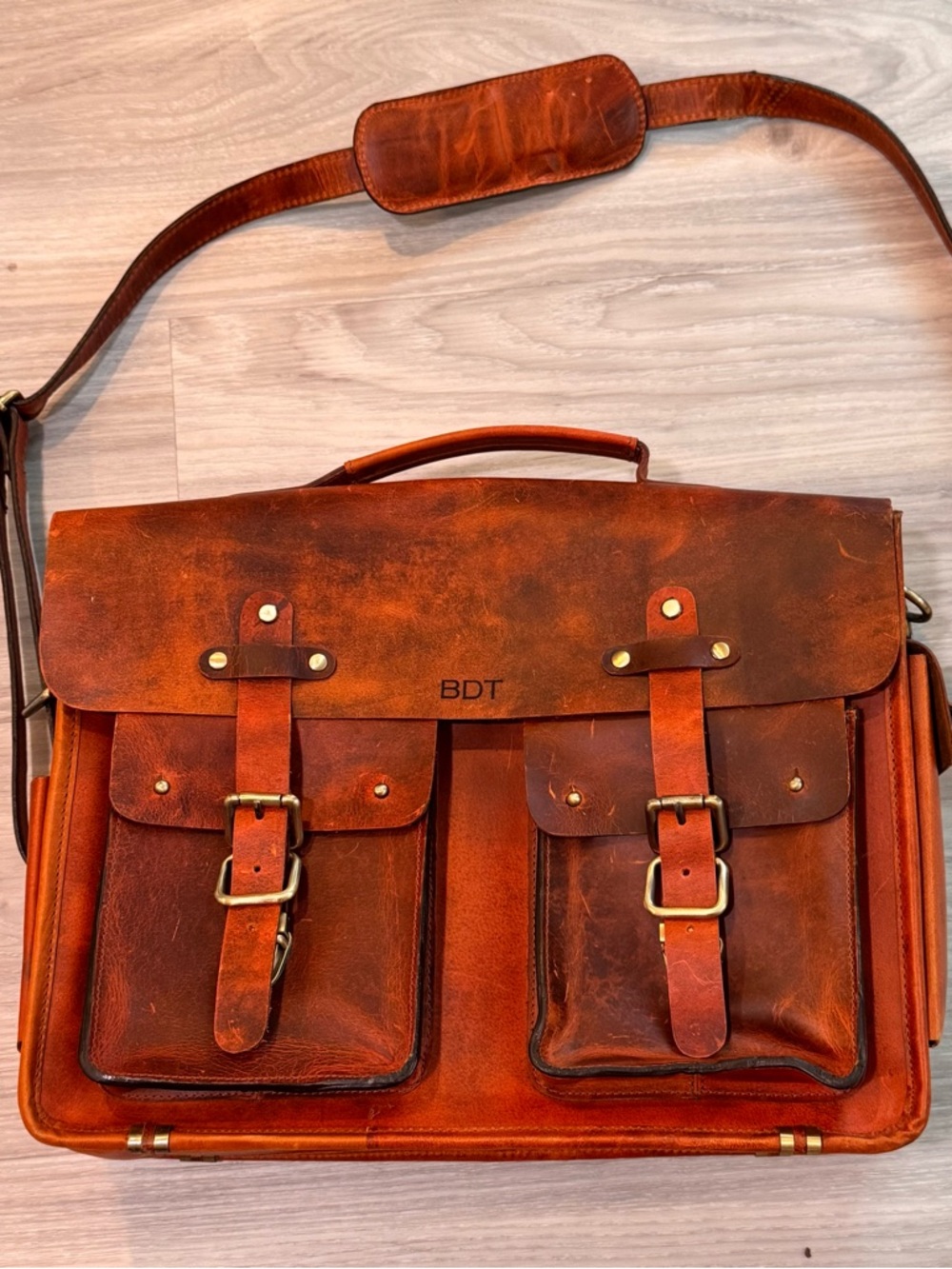 Kalating London Plane Leather Briefcase Burnt Orange Satchel Bag with pockets
